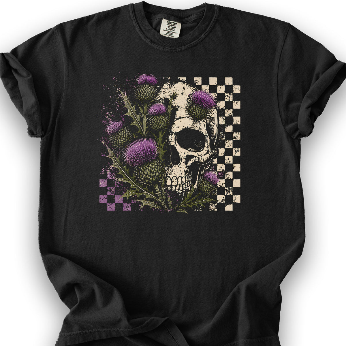 Thistle Skull Check T-Shirt - Black