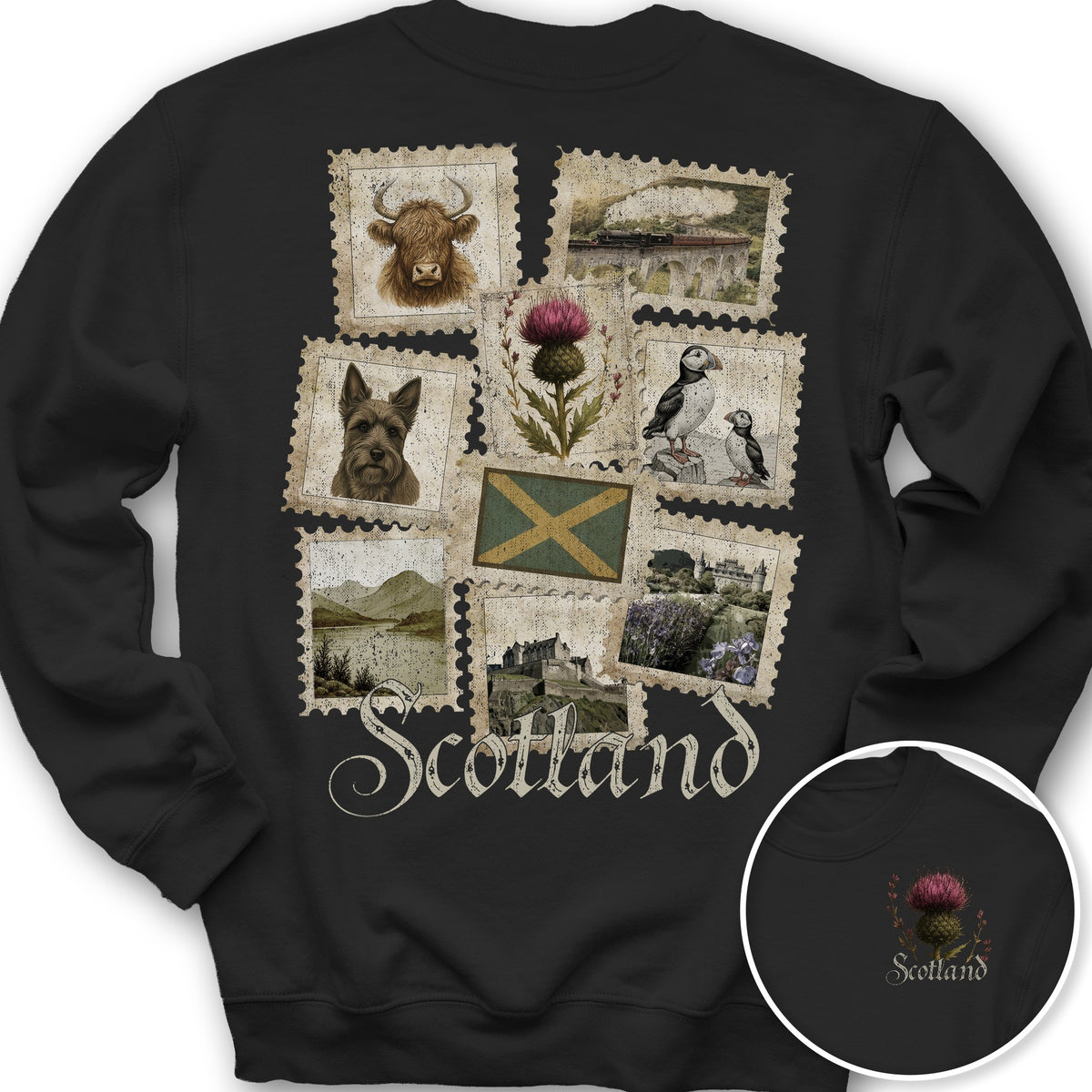 Scotland Vintage Stamps Front/Back Print Sweatshirt - Black