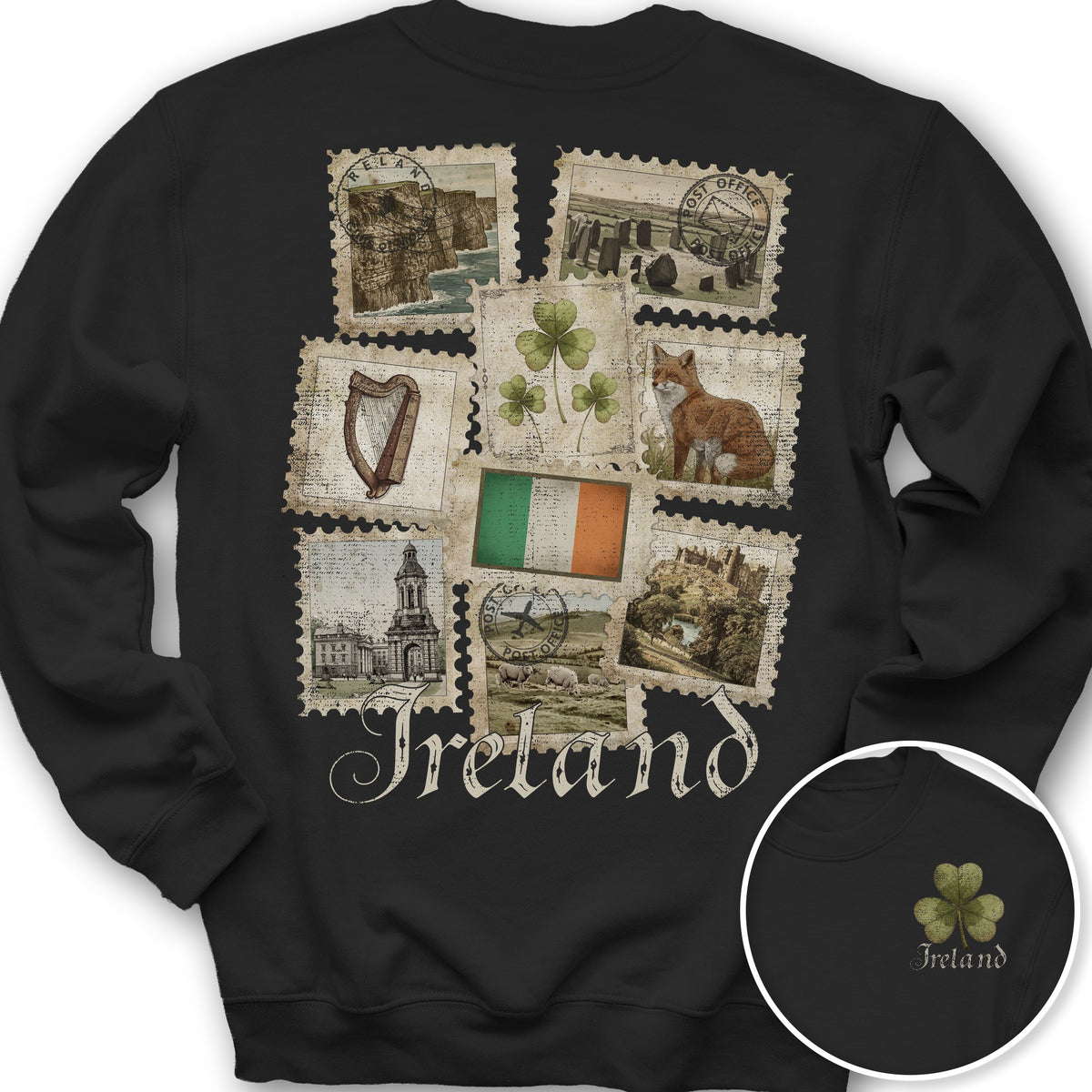 Ireland Vintage Stamps Front/Back Print Sweatshirt - Black