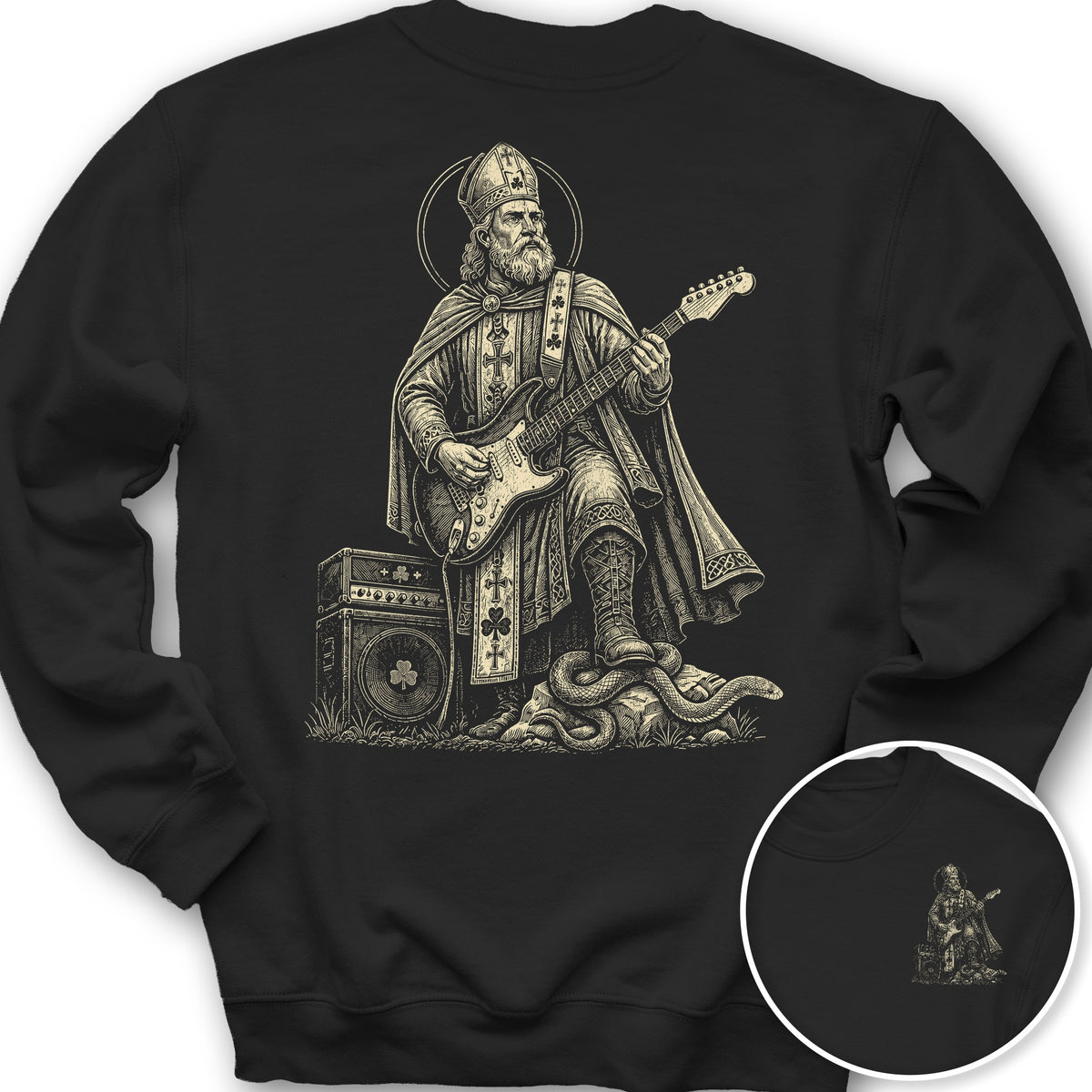 Saint Patrick Guitar Front/Back Print Sweatshirt - Black