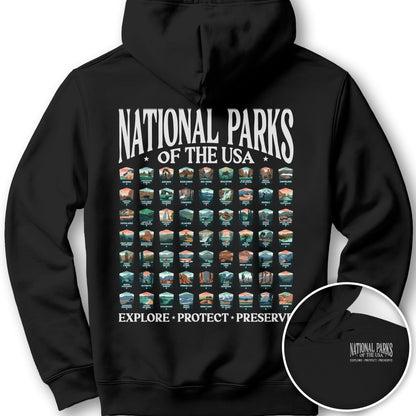 National Parks of the USA 63 Badges Front/Back Print Hoodie - Black