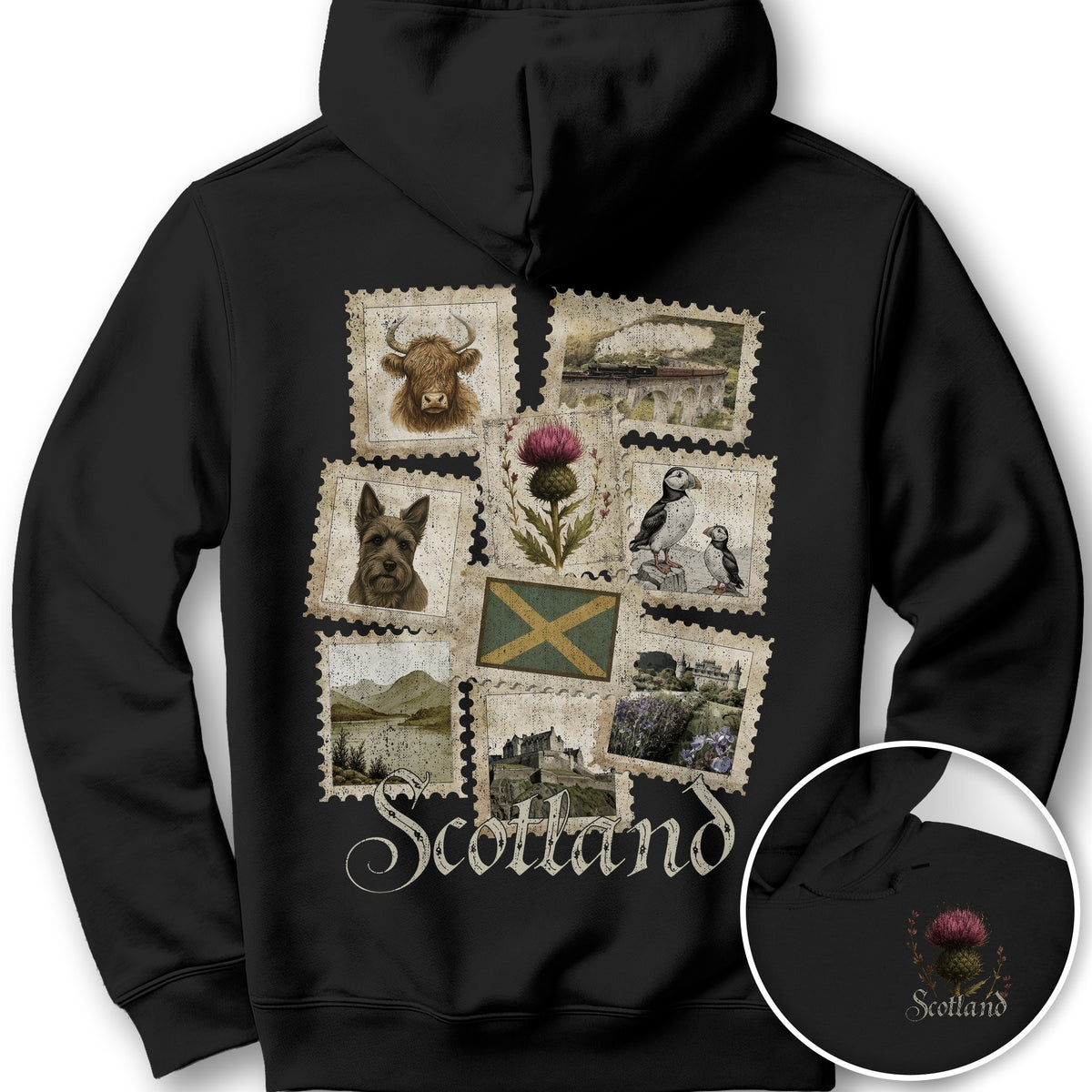Scotland Vintage Stamps Front/Back Print Hoodie - Black