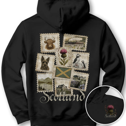 Scotland Vintage Stamps Front/Back Print Hoodie - Black