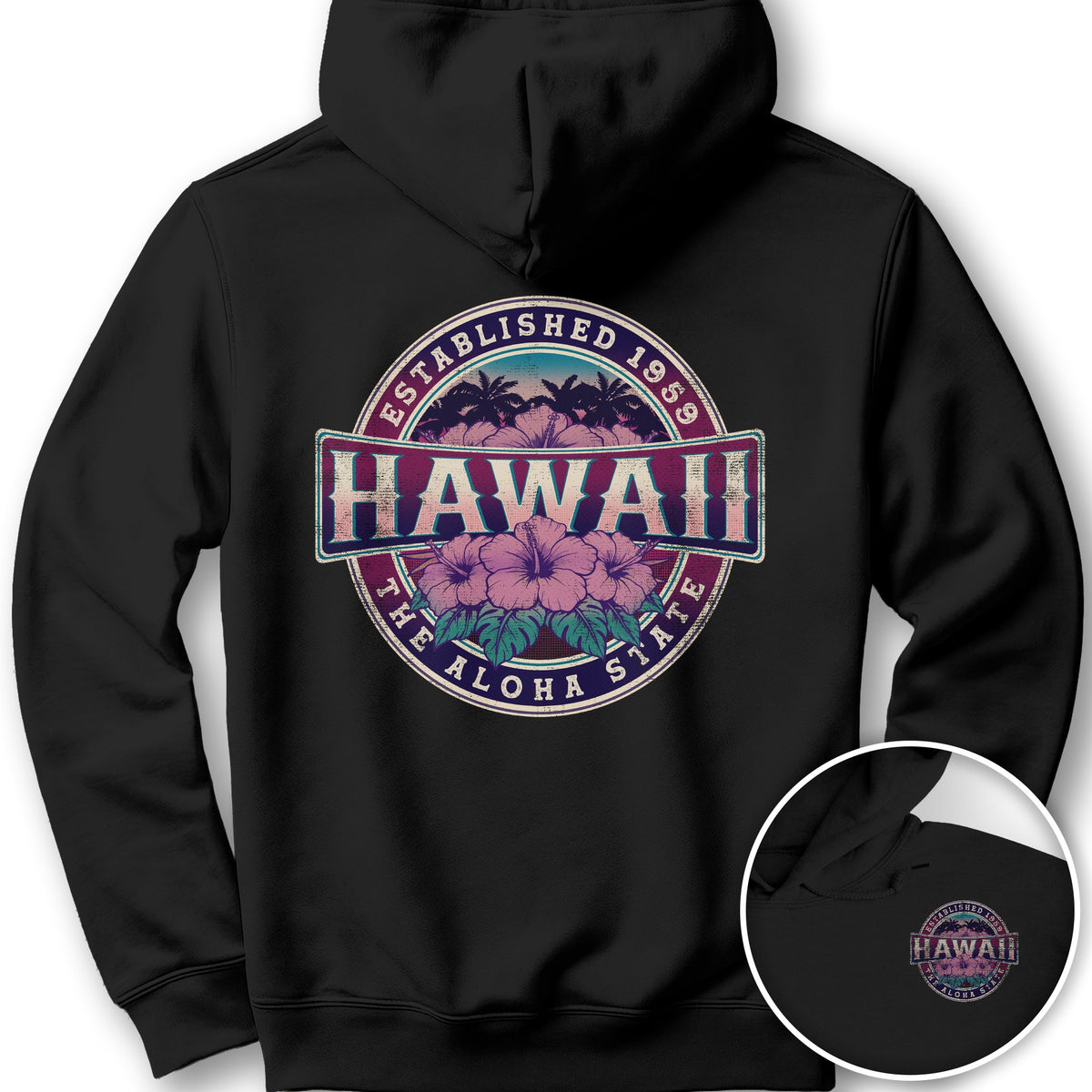 Hawaii Badge Front/Back Print Hoodie - Black