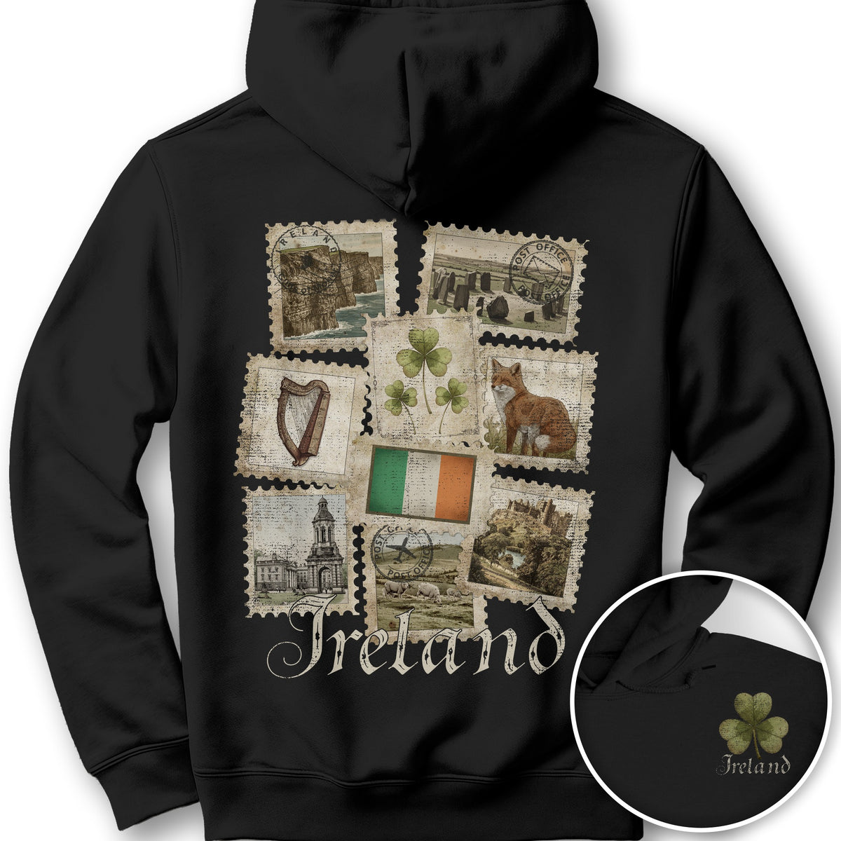 Ireland Vintage Stamps Front/Back Print Hoodie - Black