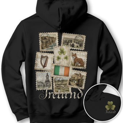 Ireland Vintage Stamps Front/Back Print Hoodie - Black