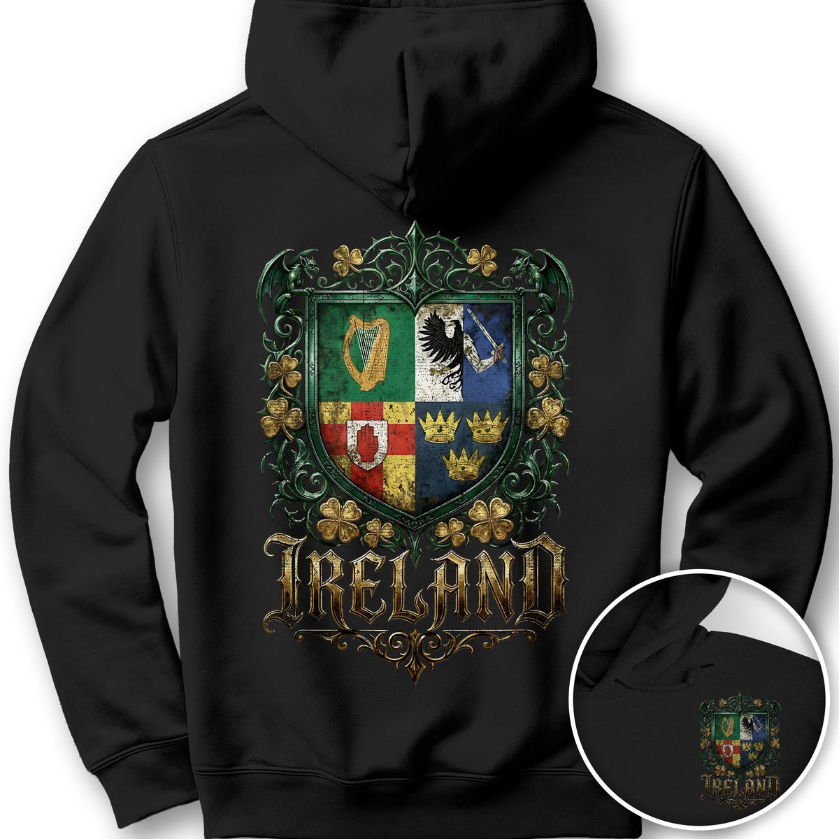 Irish Gothic Arms Front/Back Print Hoodie - Black