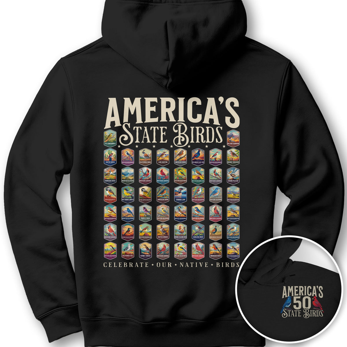 America's State Birds Front/Back Print Hoodie - Black