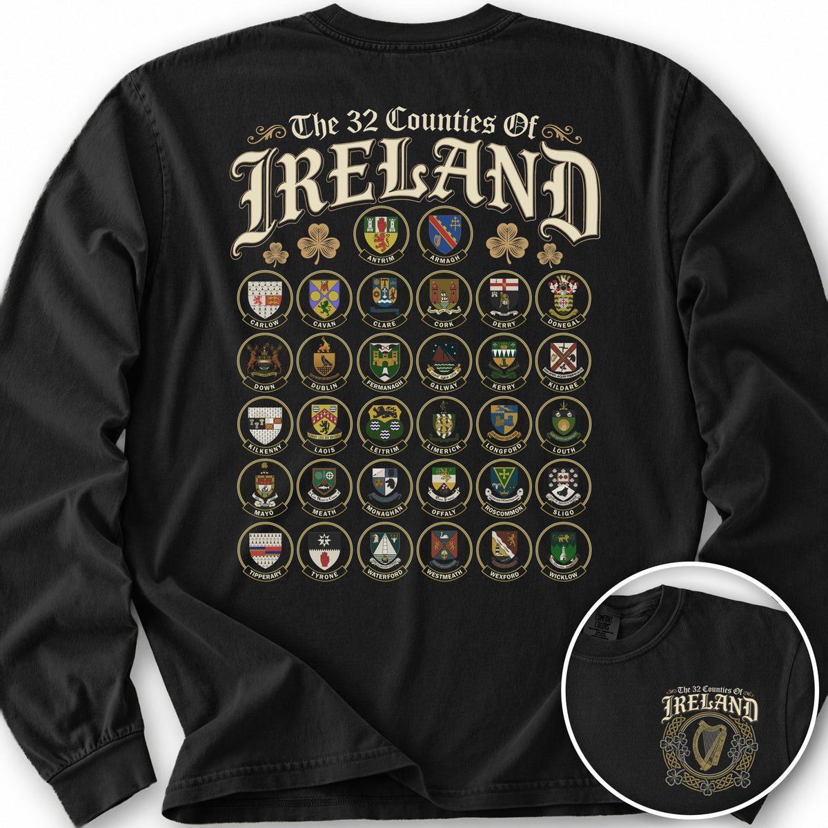 Ireland County Crests Front/Back Print Long Sleeve Shirt - Black