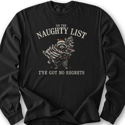 Naughty List Racoon Xmas Long Sleeve Shirt - Black