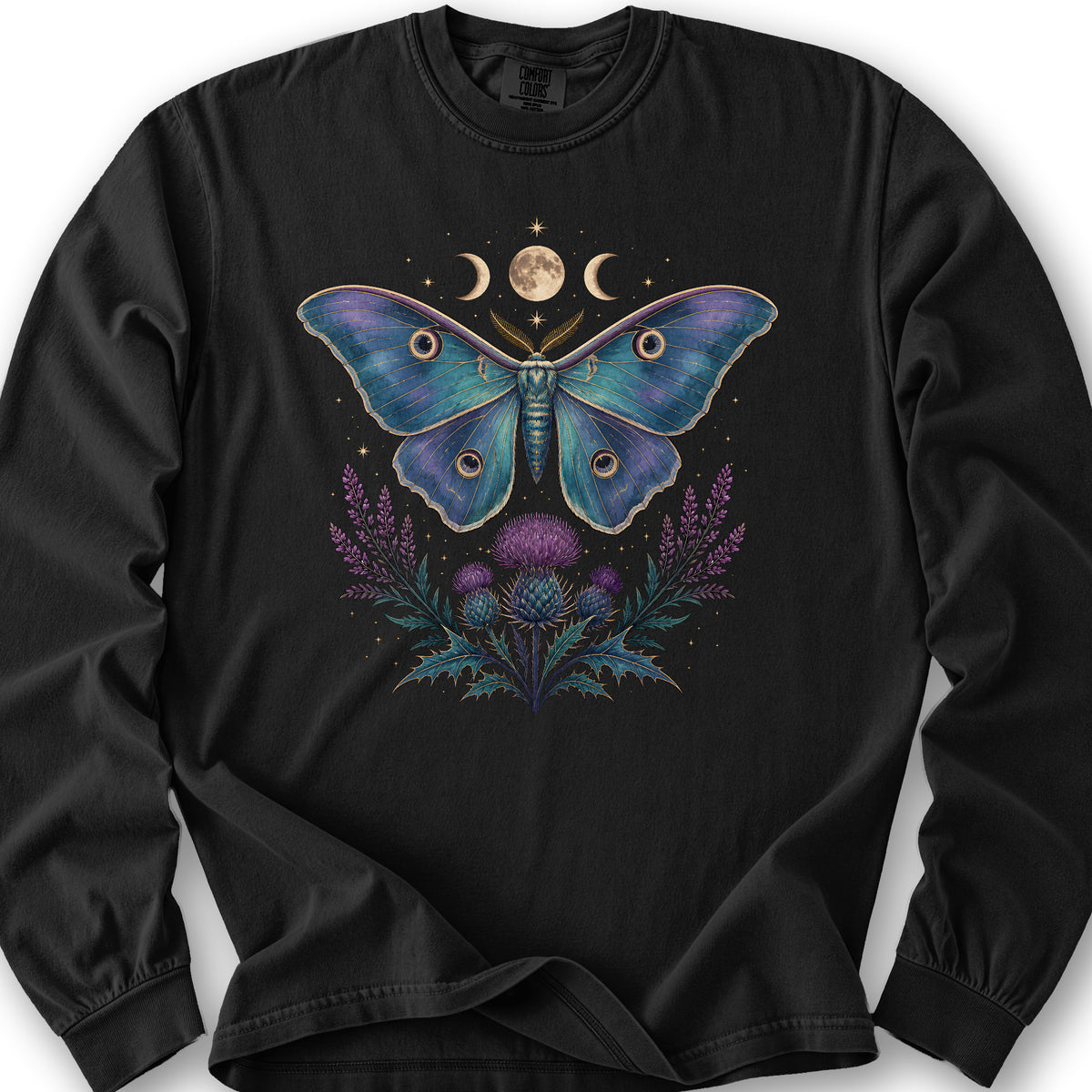 Emperor Moth Thistle Bouquet Long Sleeve Shirt - Black