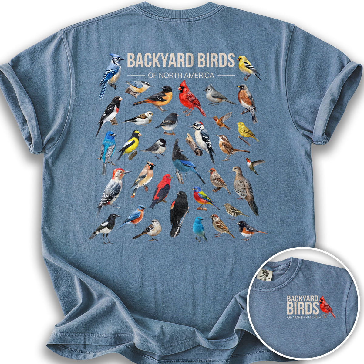 Backyard Birds Front/Back Print T-Shirt - Blue Jean