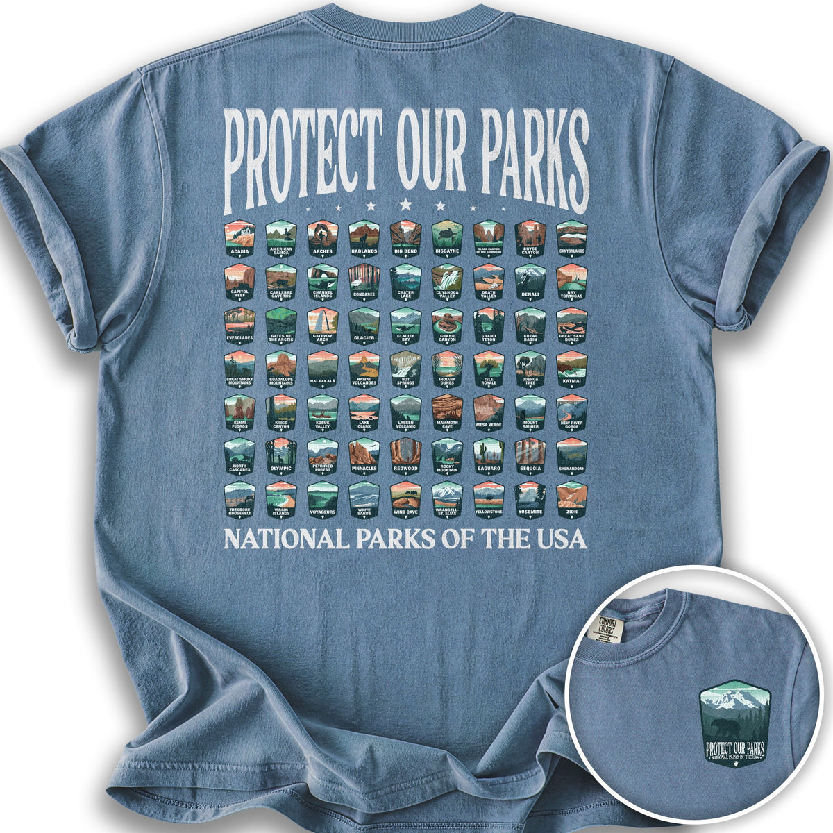 Protect our Parks Badges Front/Back Print T-Shirt - Blue Jean
