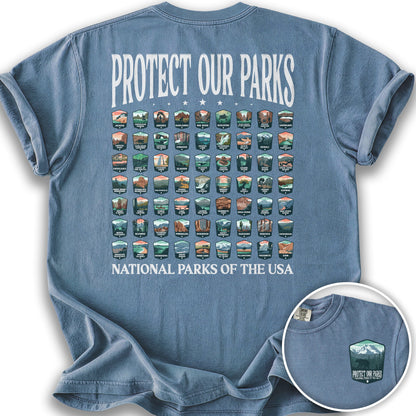 Protect our Parks Badges Front/Back Print T-Shirt - Blue Jean