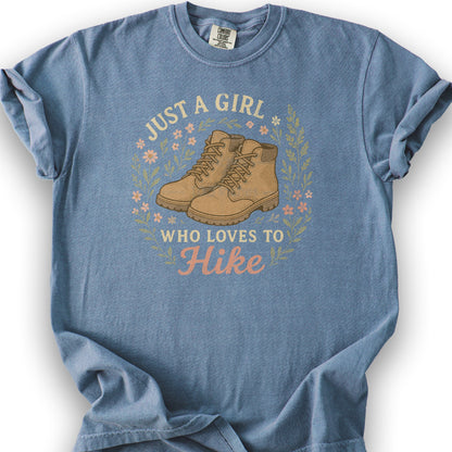 Just a Girl Who Loves to Hike T-Shirt - Blue Jean