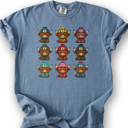 Tartan Highland Cows T-Shirt - Blue Jean