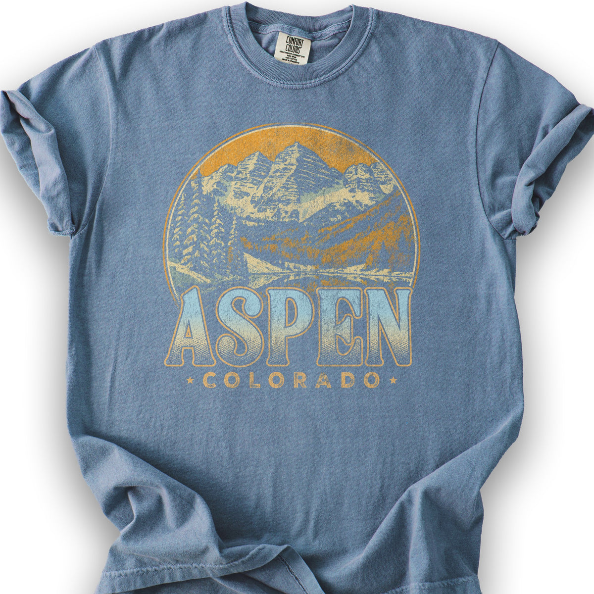 Aspen Colorado Groovy Screenprint T-Shirt - Blue Jean