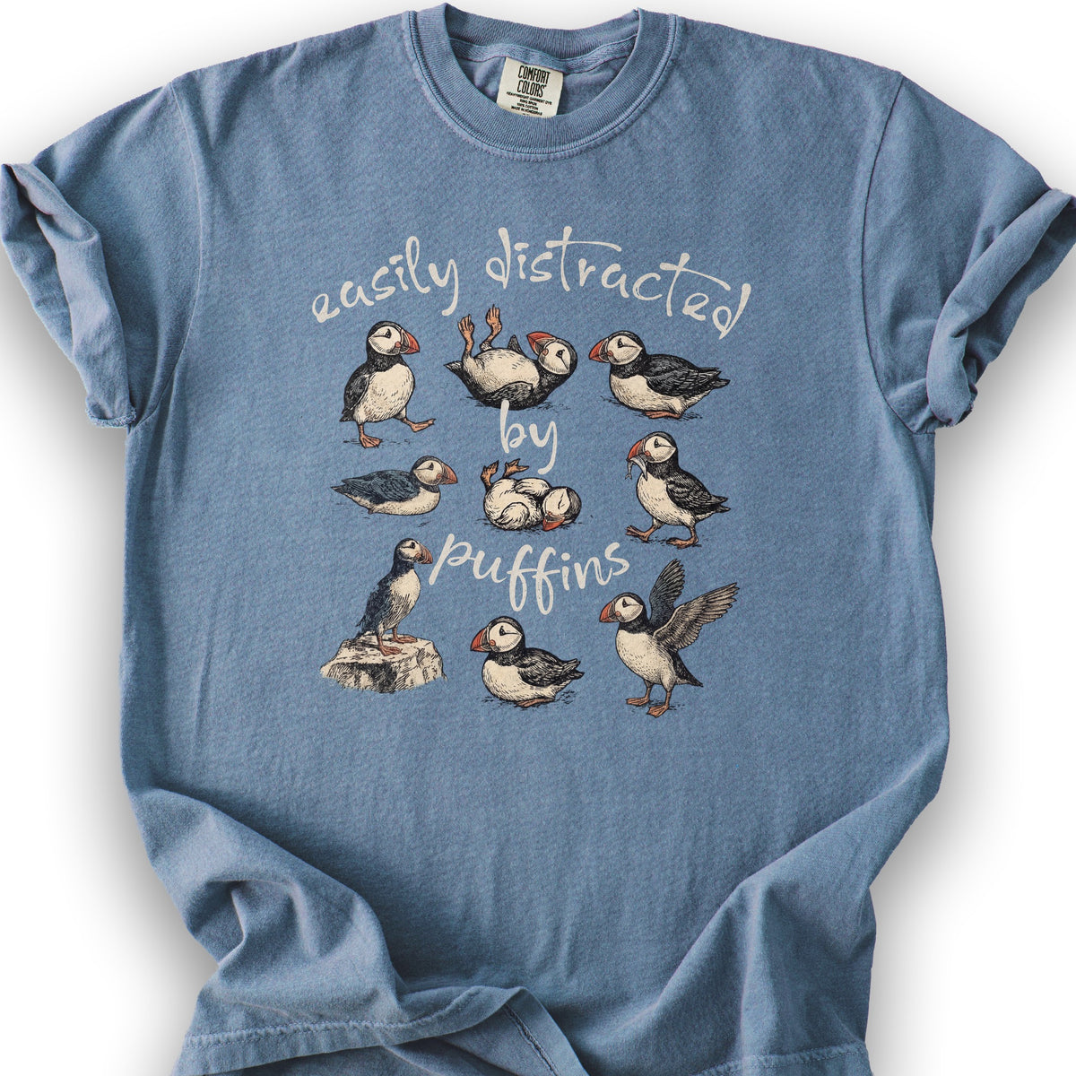 Easily Distracted By Puffins T-Shirt - Blue Jean