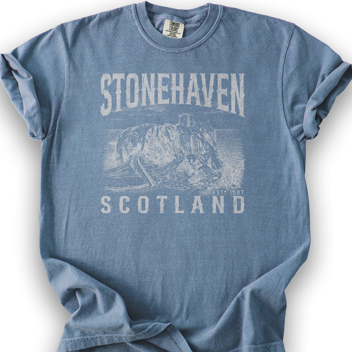 Stonehaven Scotland Sketch T-Shirt - Blue Jean