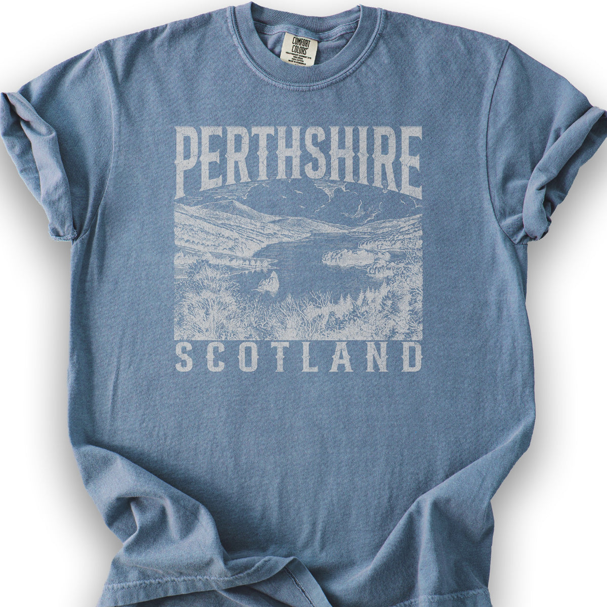 Perthsire Scotland Sketch T-Shirt - Blue Jean