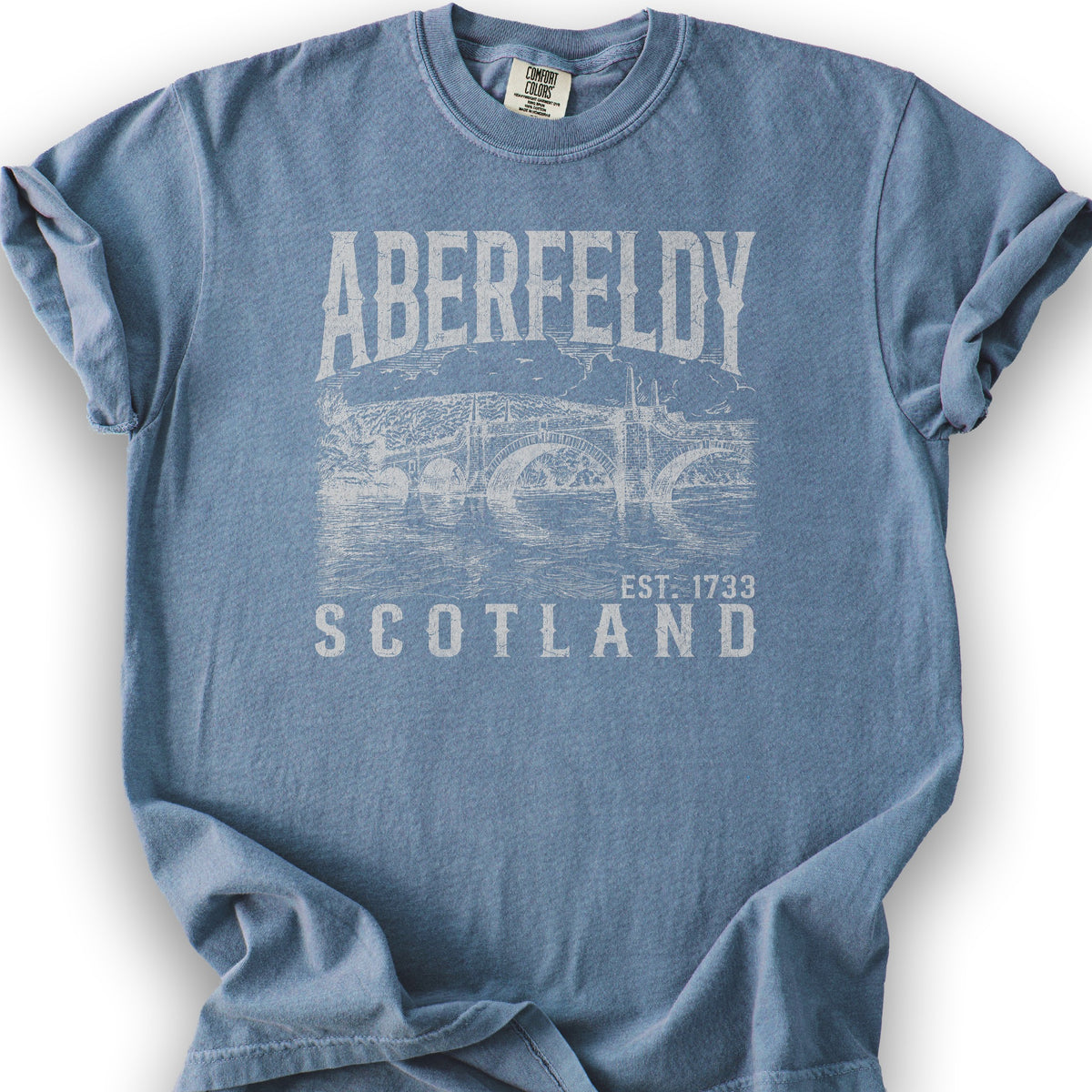 Aberfeldy Scotland Sketch T-Shirt - Blue Jean