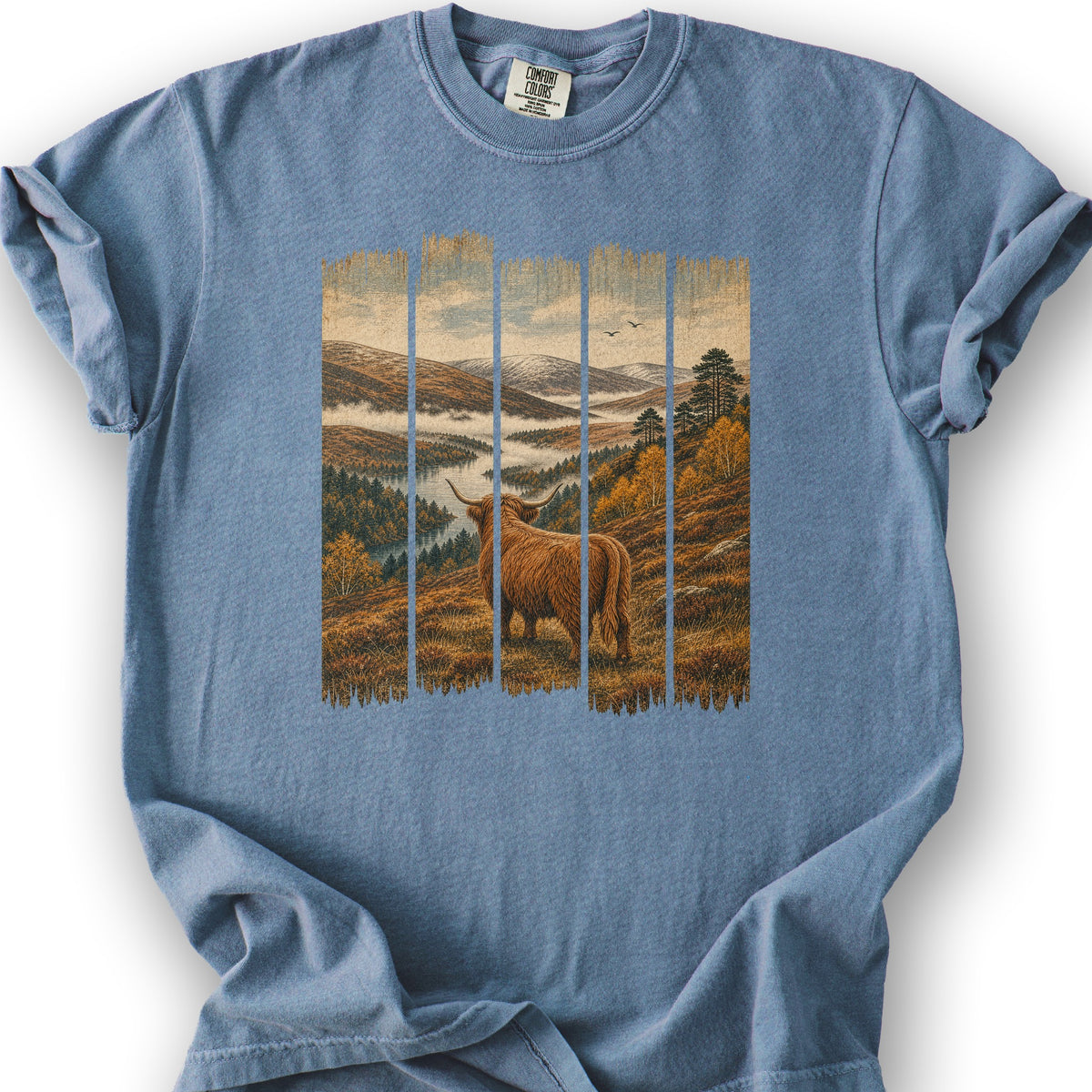 Scotland Coo Panels T-Shirt - Blue Jean
