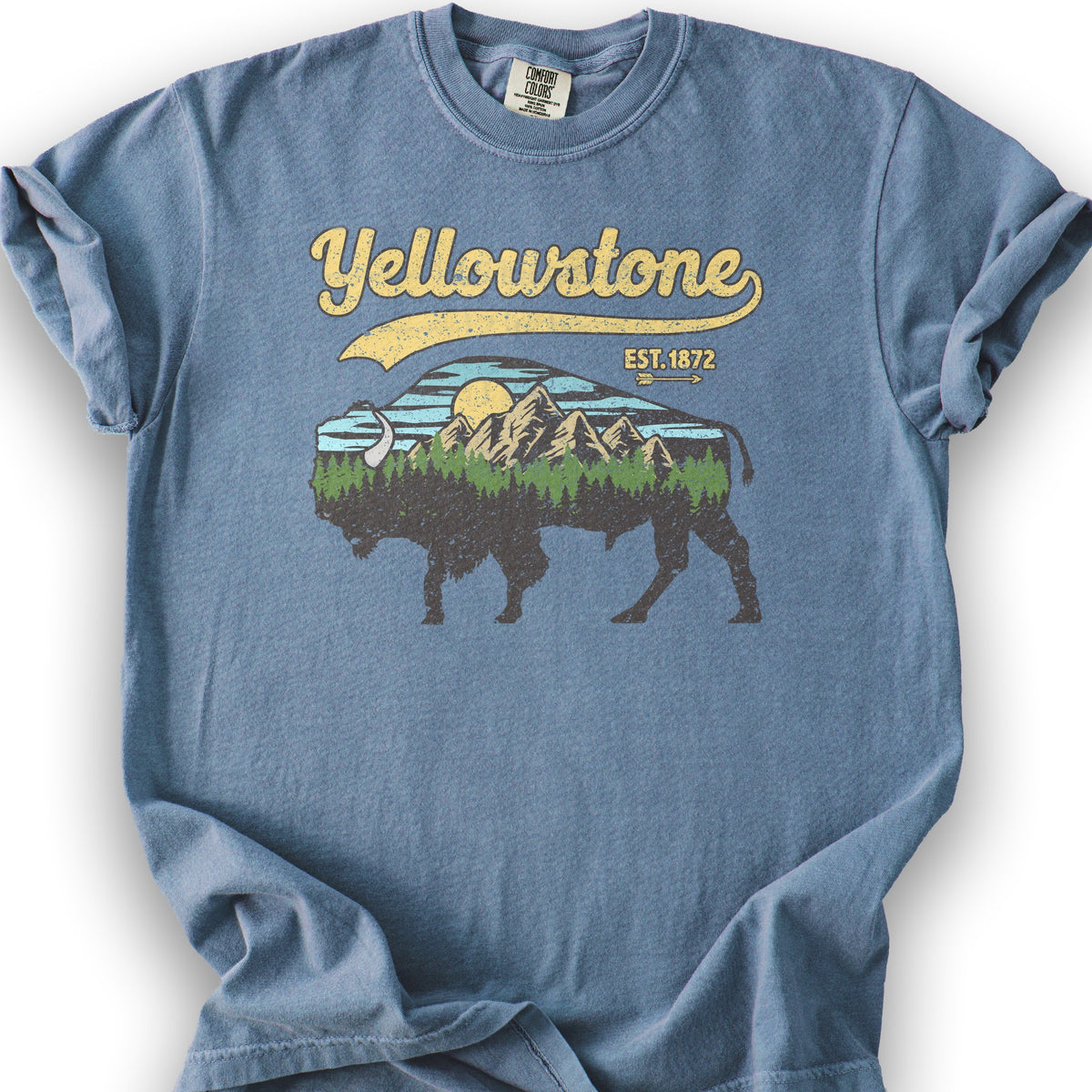 Yellowstone Vintage Buffalo Mountains T-Shirt - Blue Jean