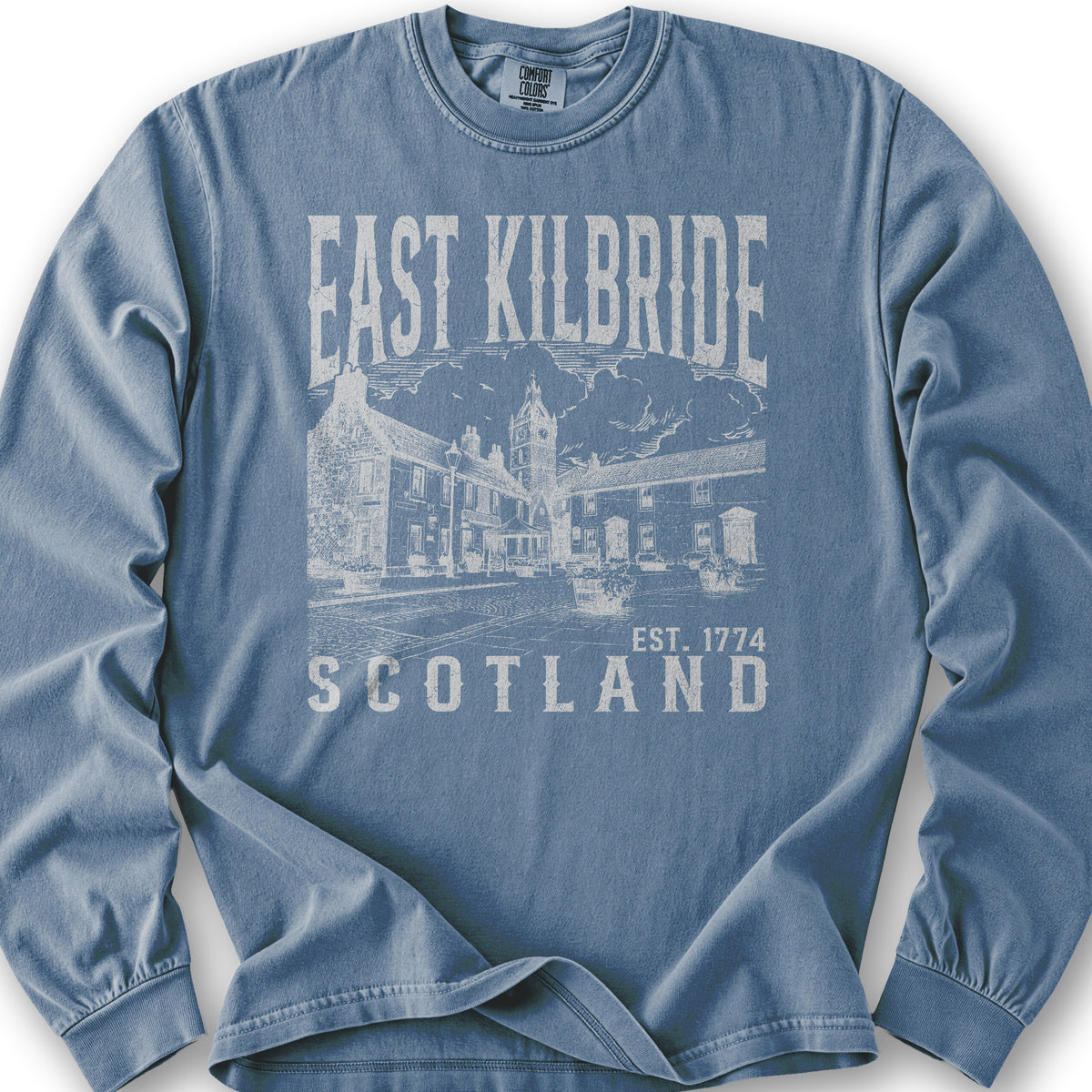 East Kilbride Scotland Sketch Long Sleeve Shirt - Blue Jean