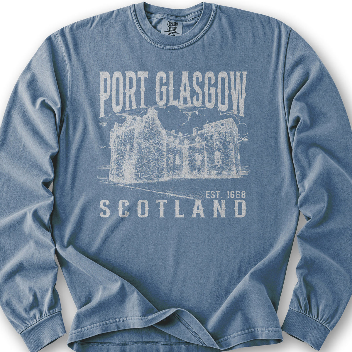Port Glasgow Scotland Sketch Long Sleeve Shirt - Blue Jean
