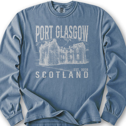 Port Glasgow Scotland Sketch Long Sleeve Shirt - Blue Jean