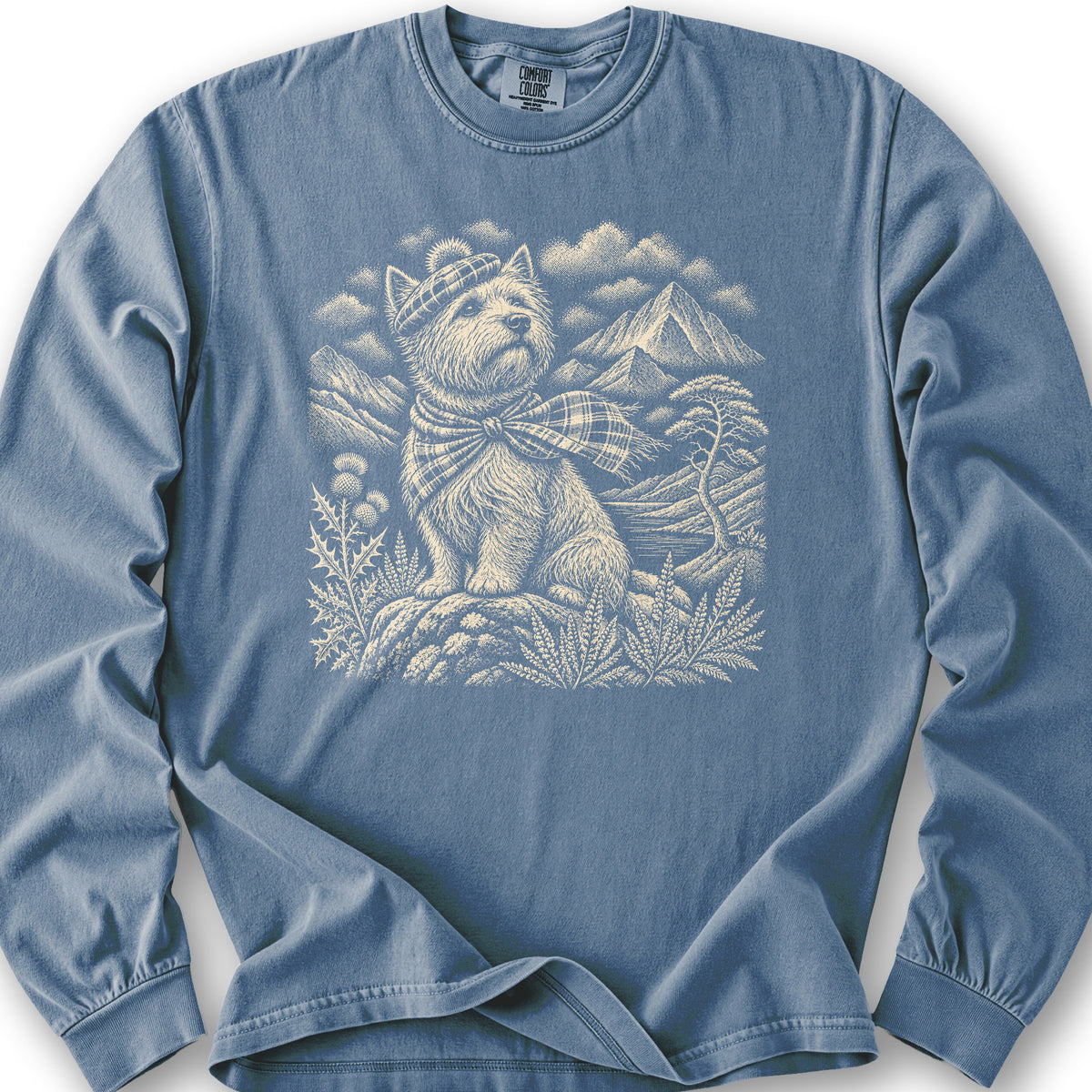 Highland Westie Plaid Long Sleeve Shirt - Blue Jean