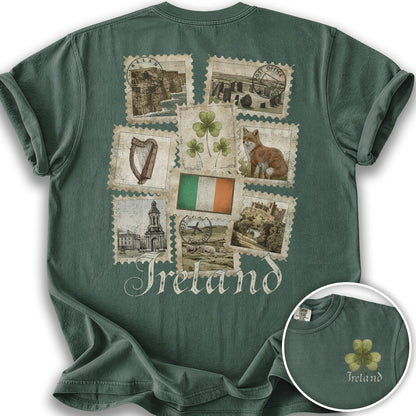 Ireland Vintage Stamps Front/Back Print T-Shirt - Blue Spruce