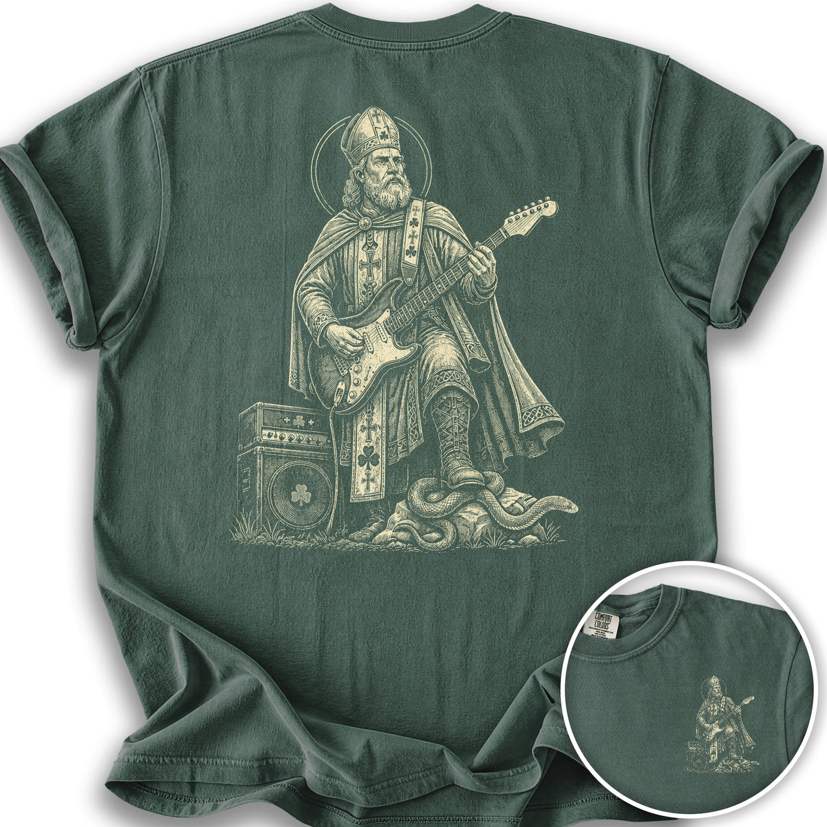 Saint Patrick Guitar Front/Back Print T-Shirt - Blue Spruce