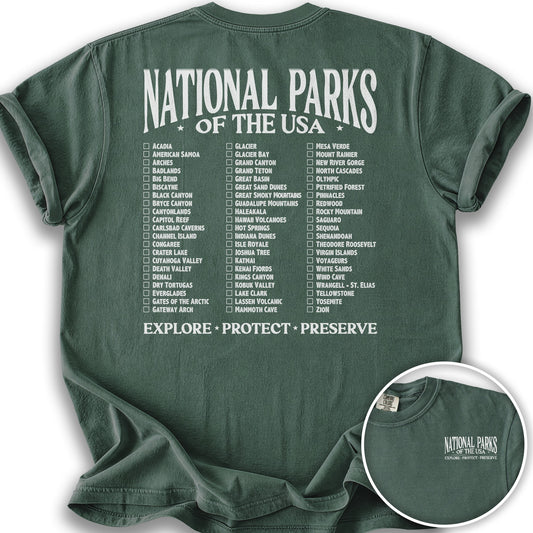 National Parks of the USA Checklist Front/Back Print T-Shirt - Blue Spruce