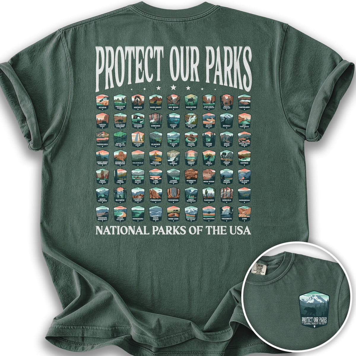 Protect our Parks Badges Front/Back Print T-Shirt - Blue Spruce
