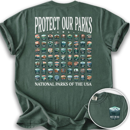 Protect our Parks Badges Front/Back Print T-Shirt - Blue Spruce