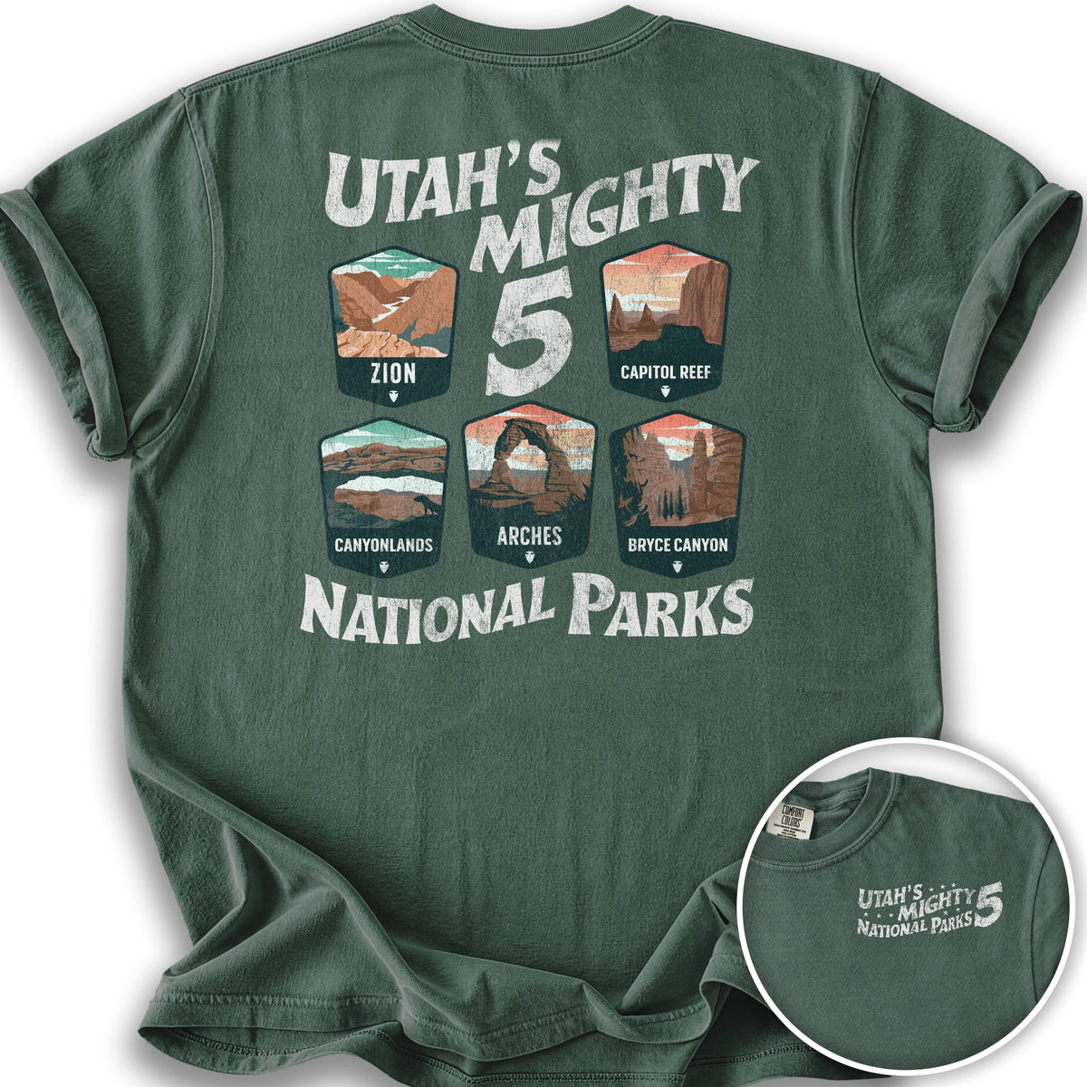Utah's Mighty Five "Badges" Front/Back Print T-Shirt - Blue Spruce