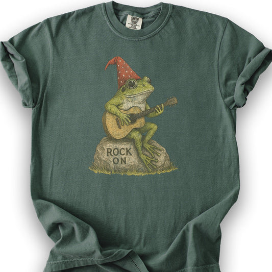 Cottagecore Frog "Rock On" T-Shirt - Blue Spruce
