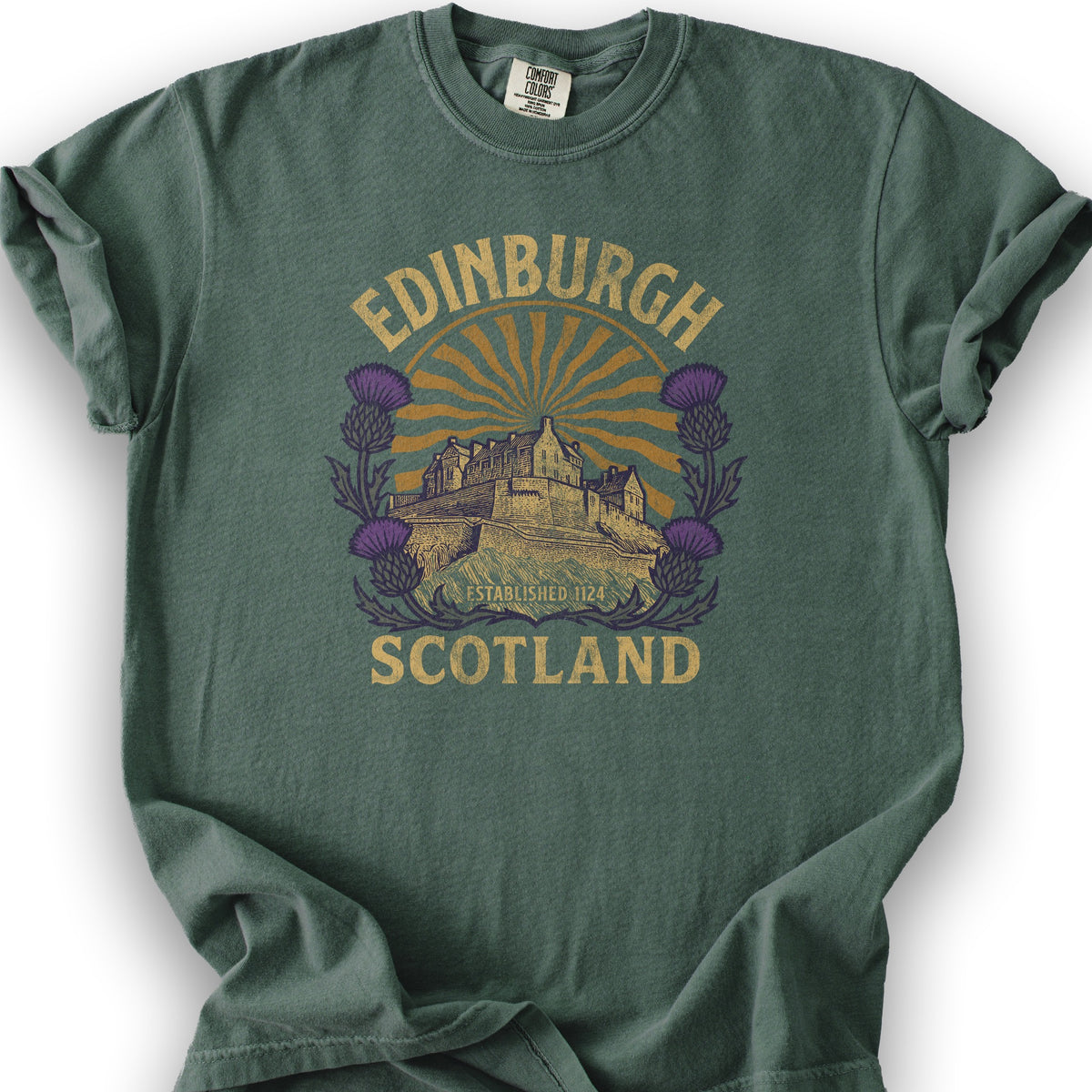 Edinburgh Scotland Retro Sunburst T-Shirt - Blue Spruce