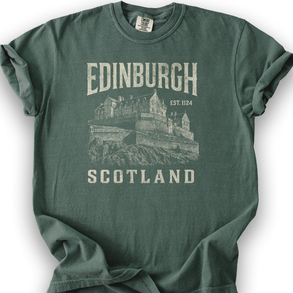 Edinburgh Scotland "Vintage Etching" T-Shirt - Blue Spruce