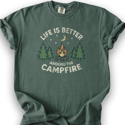 Whimsical "Around the Campfire" T-Shirt - Blue Spruce