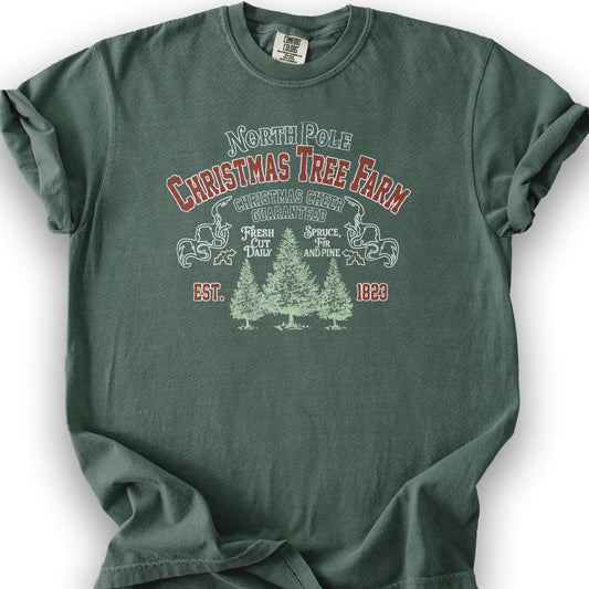 North Pole Christmas Tree Farm Vintage Print T-Shirt - Blue Spruce