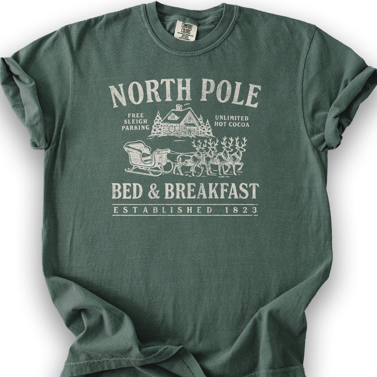 North Pole Bed and Breakfast Vintage Print T-Shirt - Blue Spruce