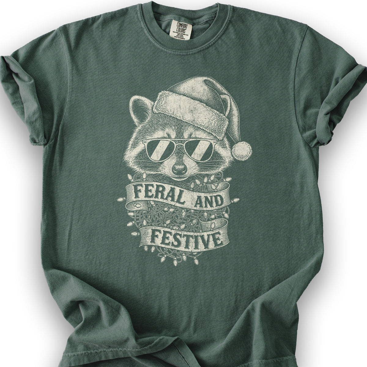 Feral and Festive Racoon T-shirt - Blue Spruce