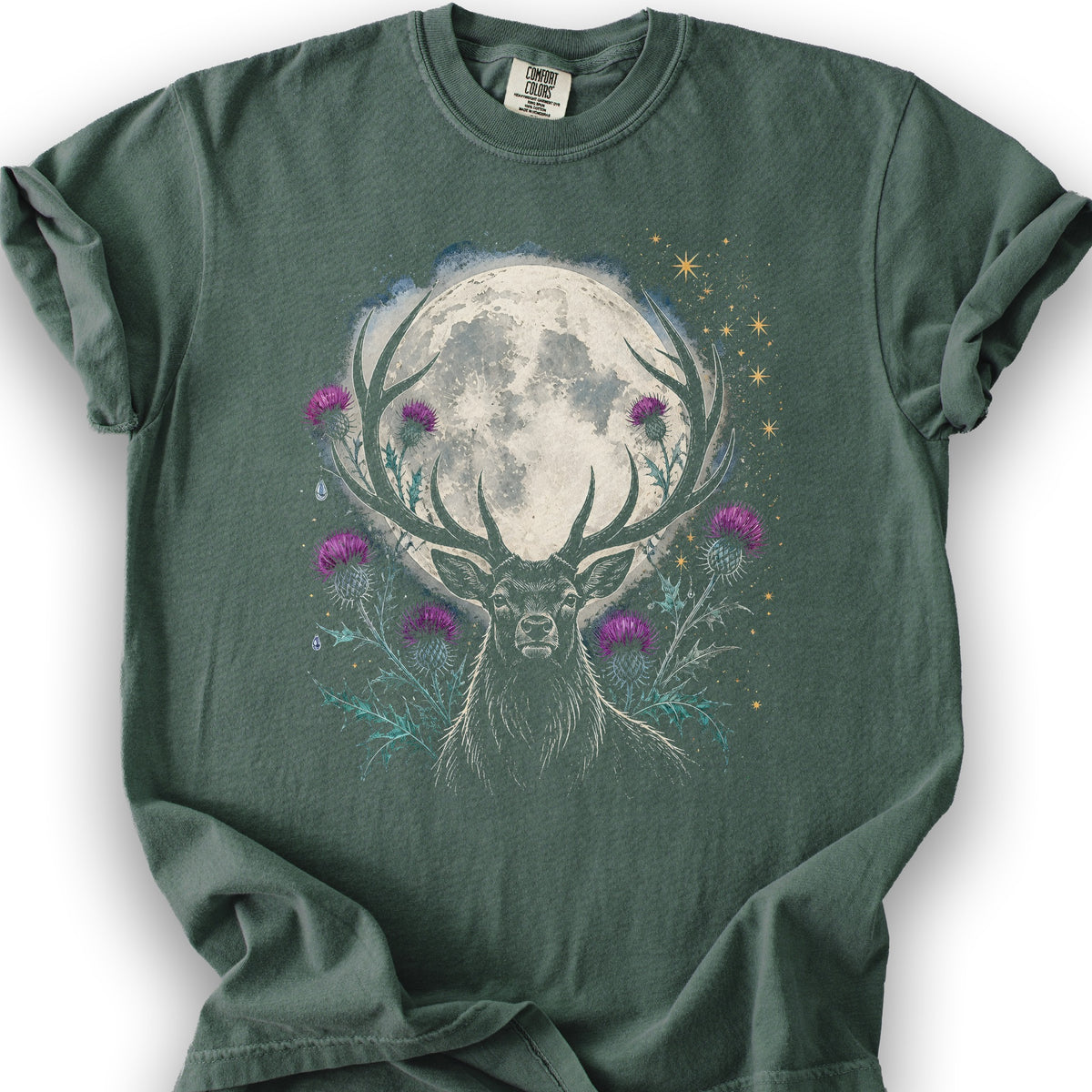 Moonlit Stag Thistle T-Shirt - Blue Spruce