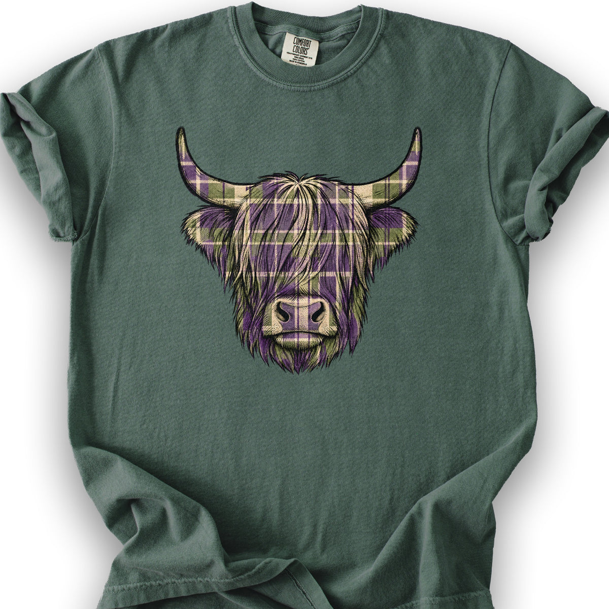 Scottish Highland Plaid Coo T-Shirt - Blue Spruce