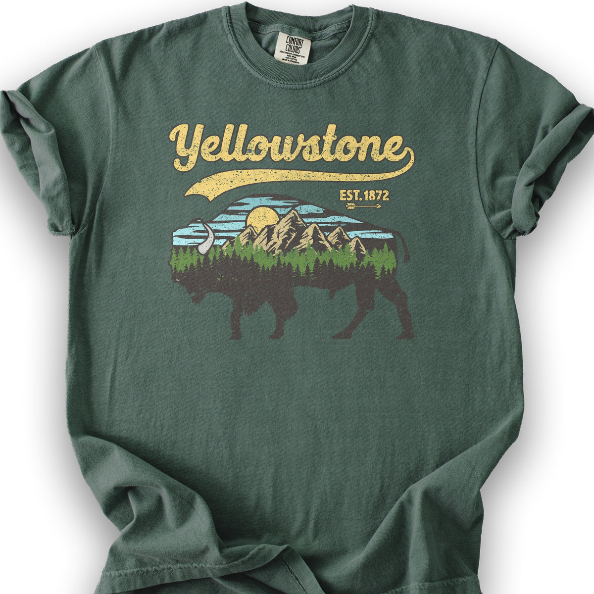 Yellowstone Vintage Buffalo Mountains T-Shirt - Blue Spruce