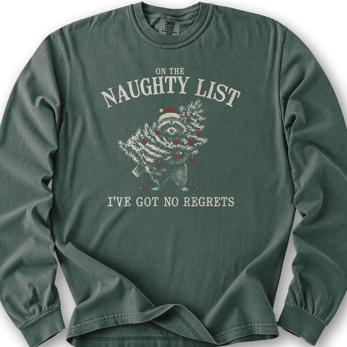 Naughty List Racoon Xmas Long Sleeve Shirt - Blue Spruce