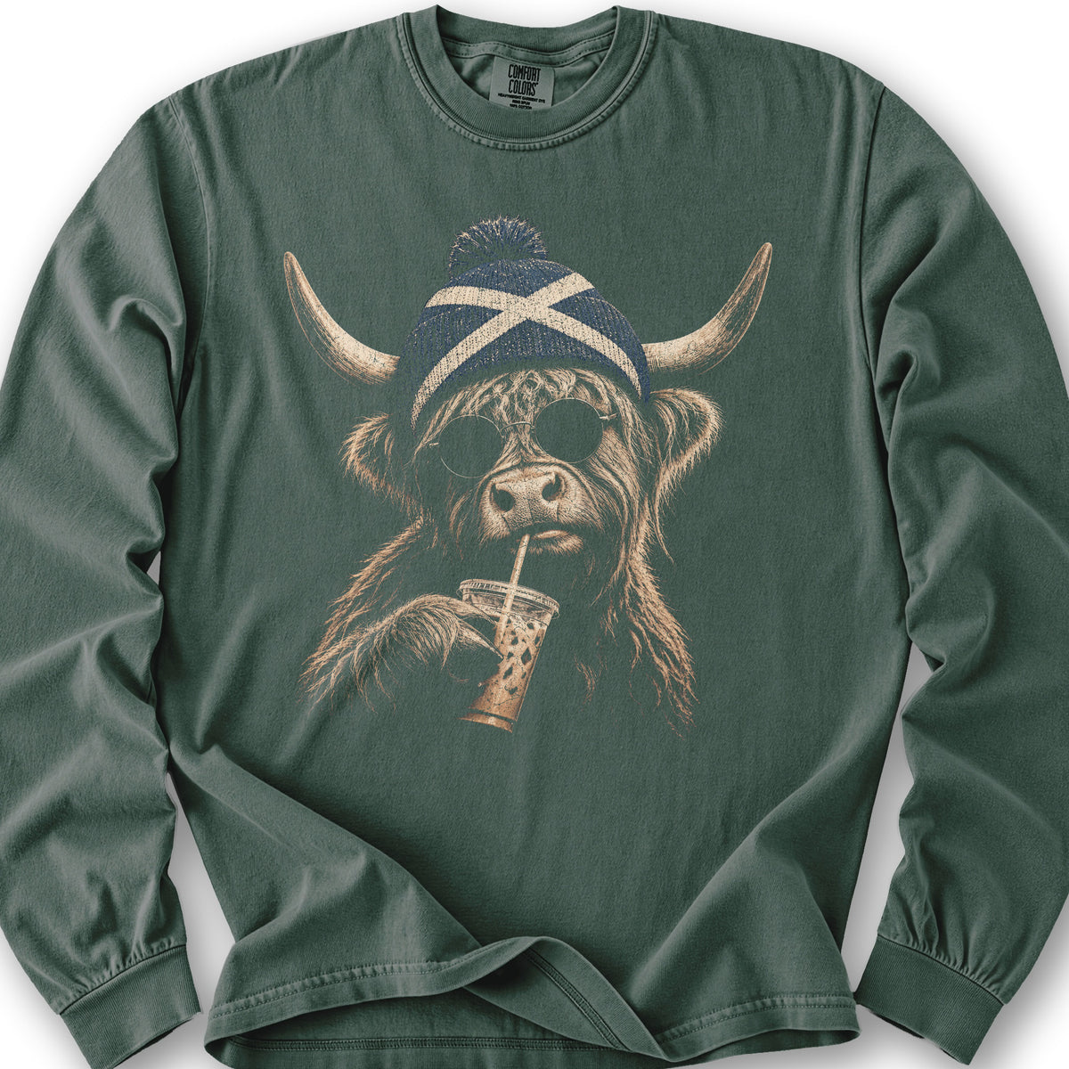 Highland Cow Beanie Long Sleeve Shirt - Blue Spruce