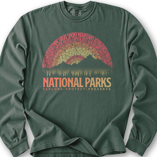 National Parks Word Art "Vintage Sunset" Long Sleeve Shirt - Blue Spruce